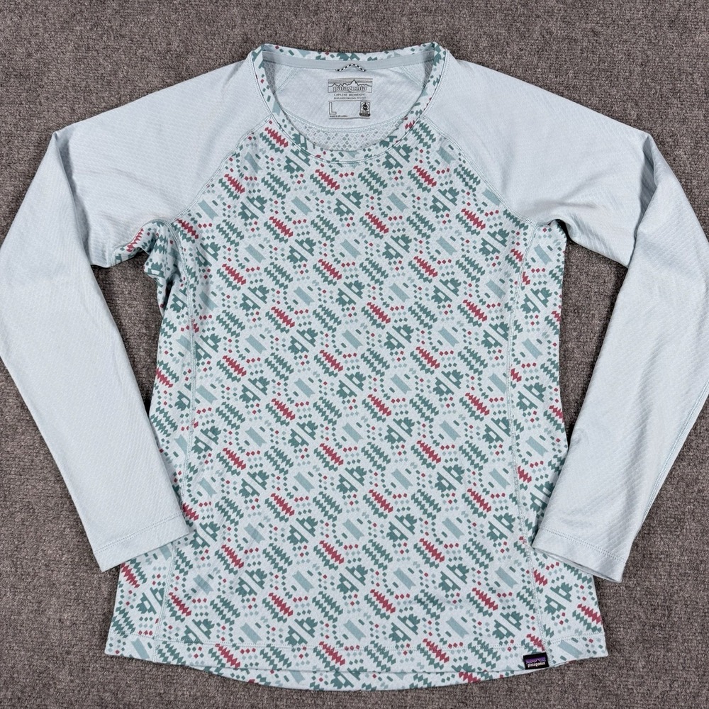 Patagonia Capilene Shirt Womens Large Blue Geometric Midweight Baselayer Outdoor